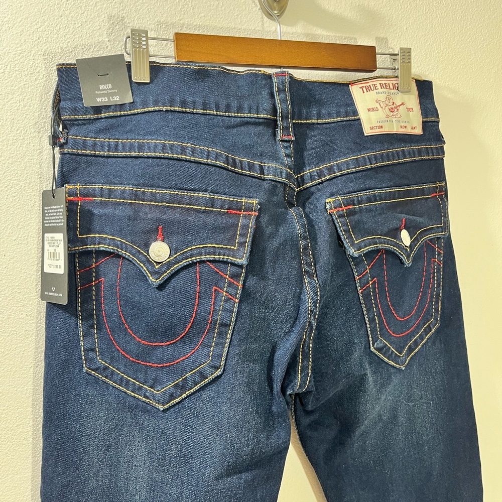 True Religion Jeans Mens Size 33x32 Rocco Relaxed Skinny Flap Big T Blue Denim - Picture 9 of 9